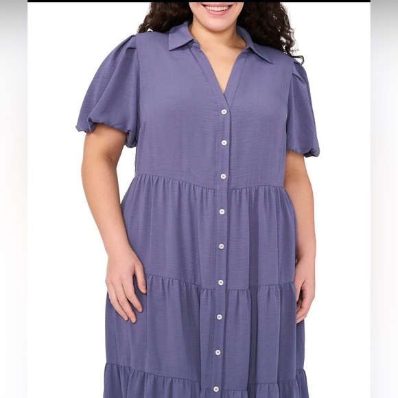 CeCe Plus Size Drapey Puff Sleeve Tiered Midi Shirt Dress